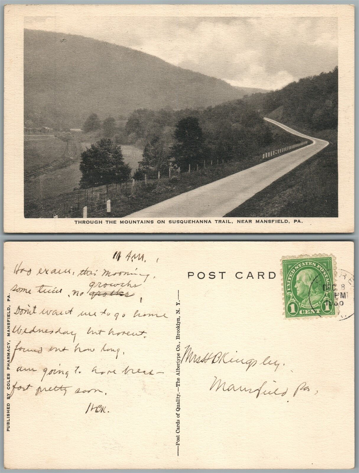 MANSFIELD PA THROUGH THE MOUNTAINS ON SUSQUEHANNA TRAIL 1930 ANTIQUE POSTCARD
