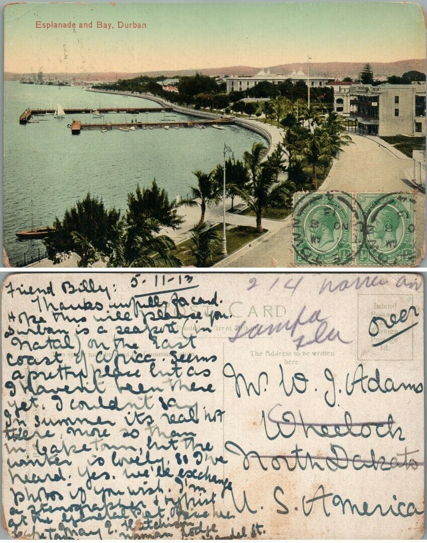 ESPLANADE & BAY DURBAN SOUTH AFRICA 1913 ANTIQUE POSTCARD w/ STAMPS