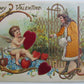 VALENTINE DAY ANTIQUE EMBOSSED POSTCARD w/ APPLIQUE HEARTS