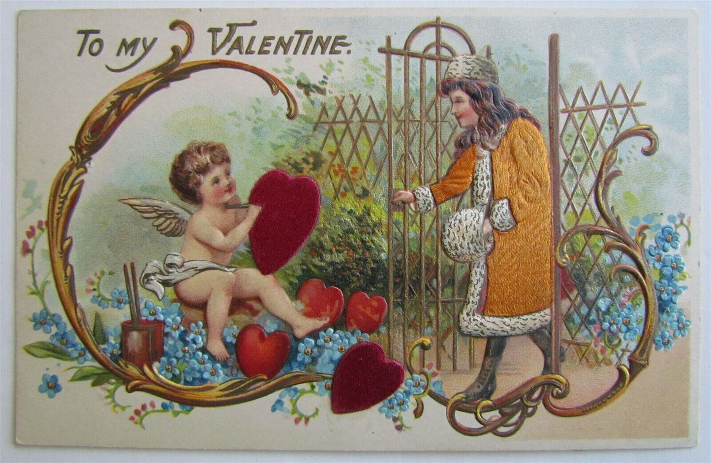 VALENTINE DAY ANTIQUE EMBOSSED POSTCARD w/ APPLIQUE HEARTS