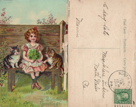 LITTLE GIRL w/ 2 CATS UNDIVIDED 1911 ANTIQUE POSTCARD