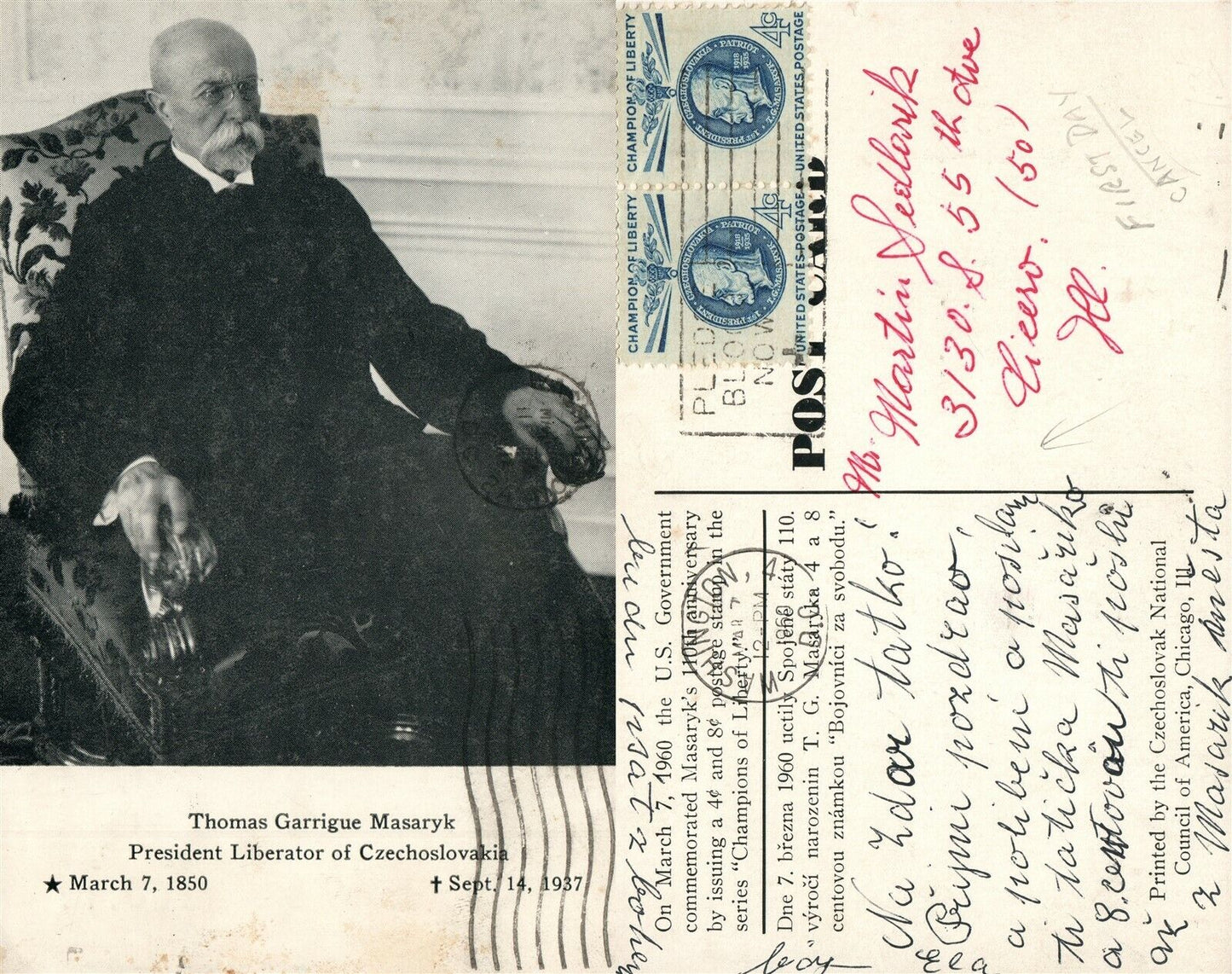 CZECHOSLOVAKIA PRESIDENT THOMAS MASARYK 1960 VINTAGE POSTCARD w/ STAMPS