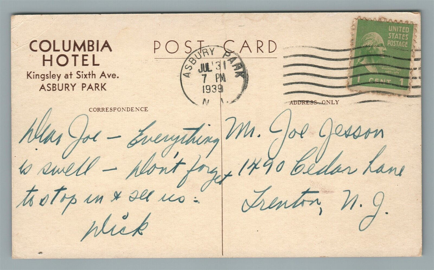 ASBURY PARK NJ COLUMBIA HOTEL 1939 VINTAGE POSTCARD