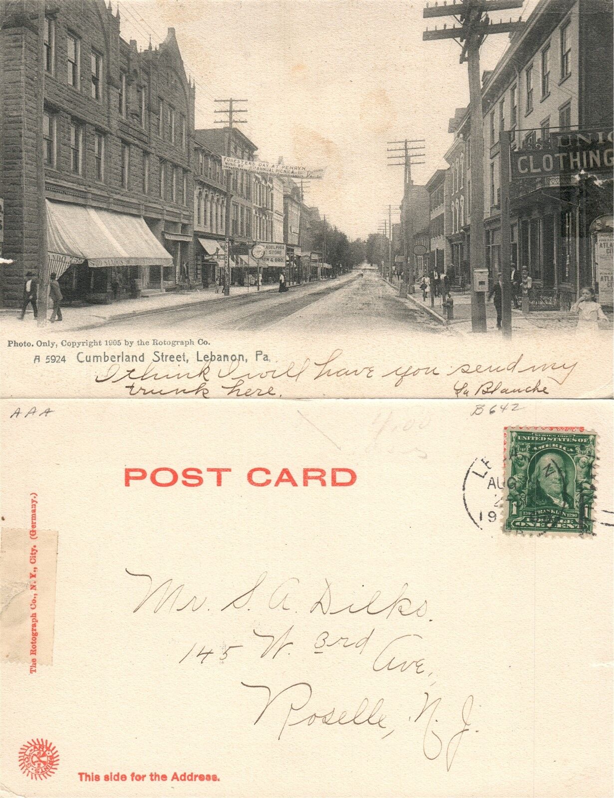 LEBANON PA CUMBERLAND STREET UNDIVIDED ANTIQUE POSTCARD