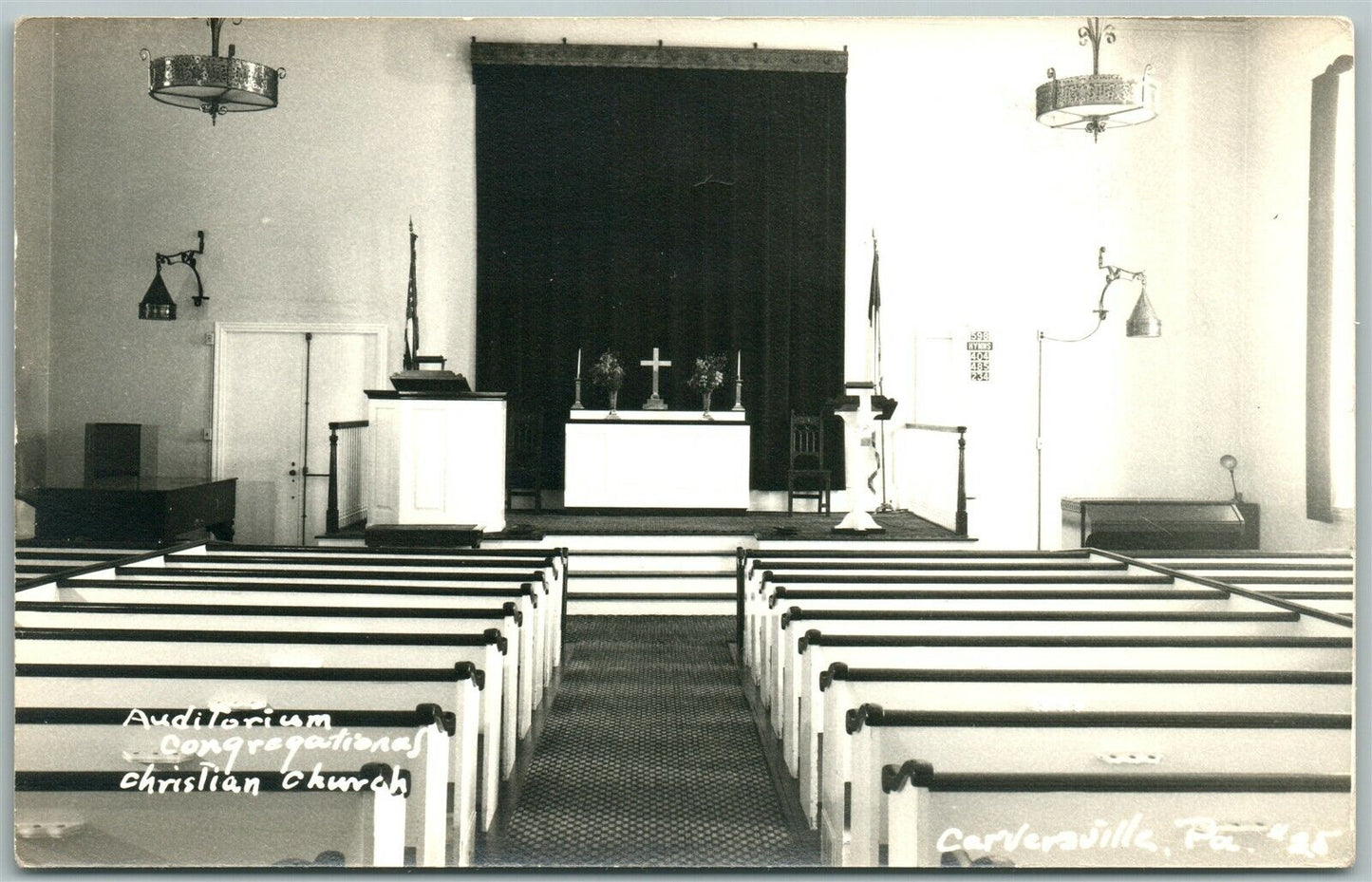 CARVERSVILLE PA CHRISTIAN CHURCH INTERIOR ANTIQUE REAL PHOTO POSTCARD RPPC