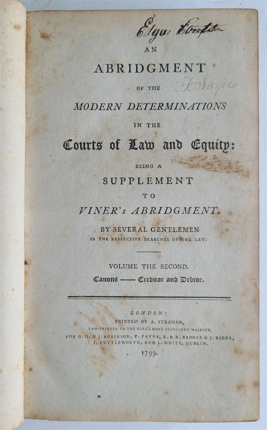 1799 LAW BOOK in ENGLISH ABRIDGMENT of DETERMINATION in COURTS of LAW antique