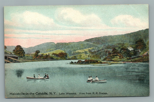 HALCOTVILLE-IN-CATSKILLS NY LAKE WAWAKA VIEW FROM R.R. STATION ANTIQUE POSTCARD