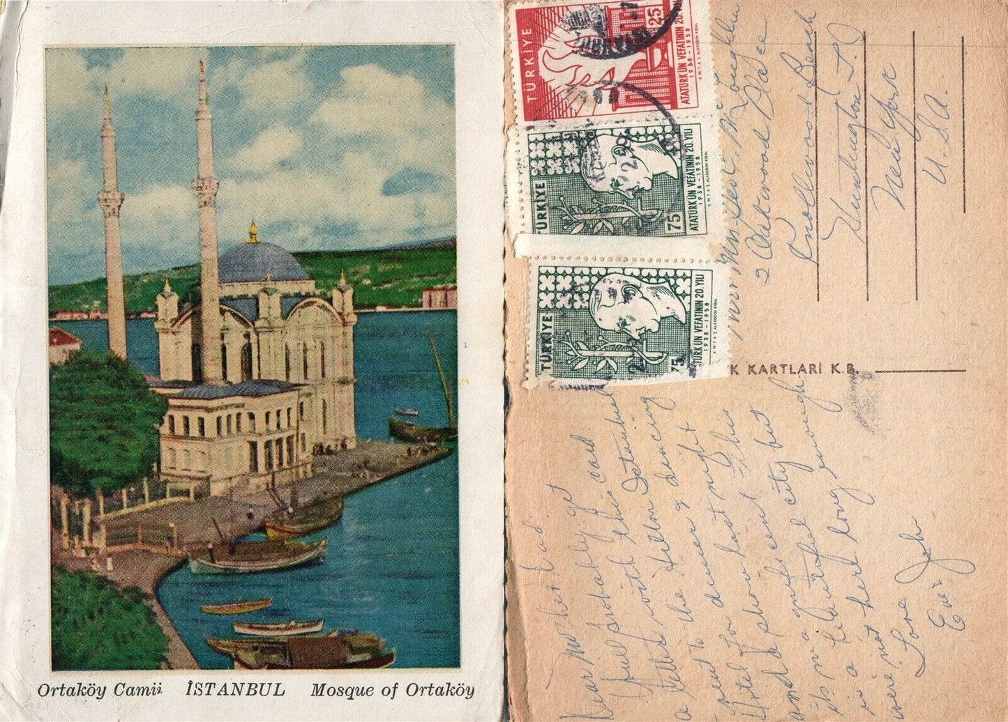 MOSQUEOF ORTAKOY TURKEY VINTAGE POSTCARD w/ STAMPS