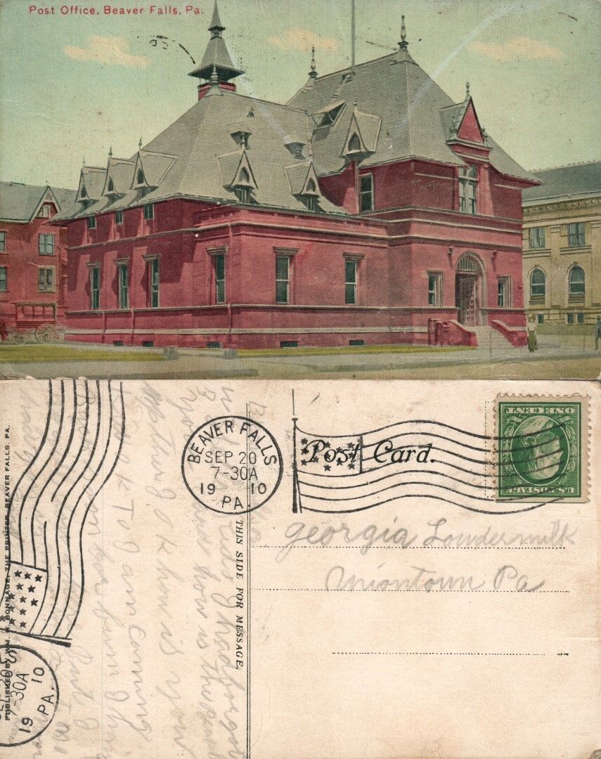 POST OFFICE BEAVER FALLS PA 1910 ANTIQUE POSTCARD