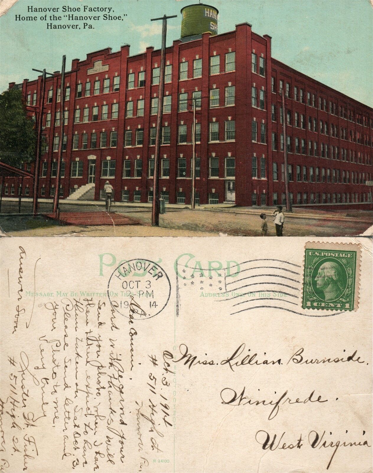 HANOVER PA HOME OF HANOVER SHOE 1914 ANTIQUE POSTCARD