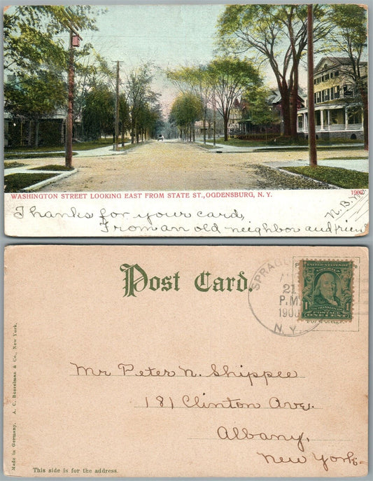 OGDENSBURG N.Y. WASHINGTON STREET 1908 UNDIVIDED ANTIQUE POSTCARD
