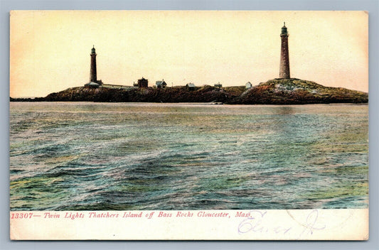 THATCHERS ISLAND OFF BASS ROCKS GLOUCESTER MA TWIN LIGHTS ANTIQUE POSTCARD