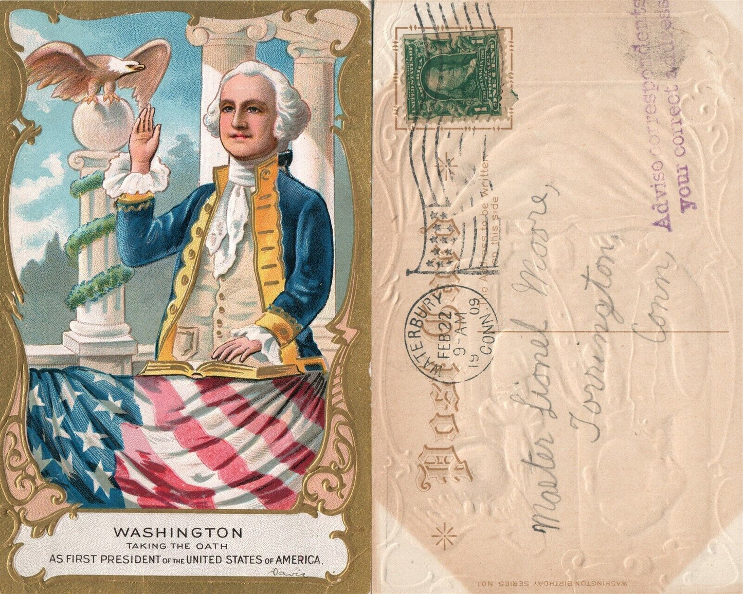 PATRIOTIC ANTIQUE EMBOSSED 1909 POSTCARD WASHINGTON TAKING OATH AS PRESIDENT