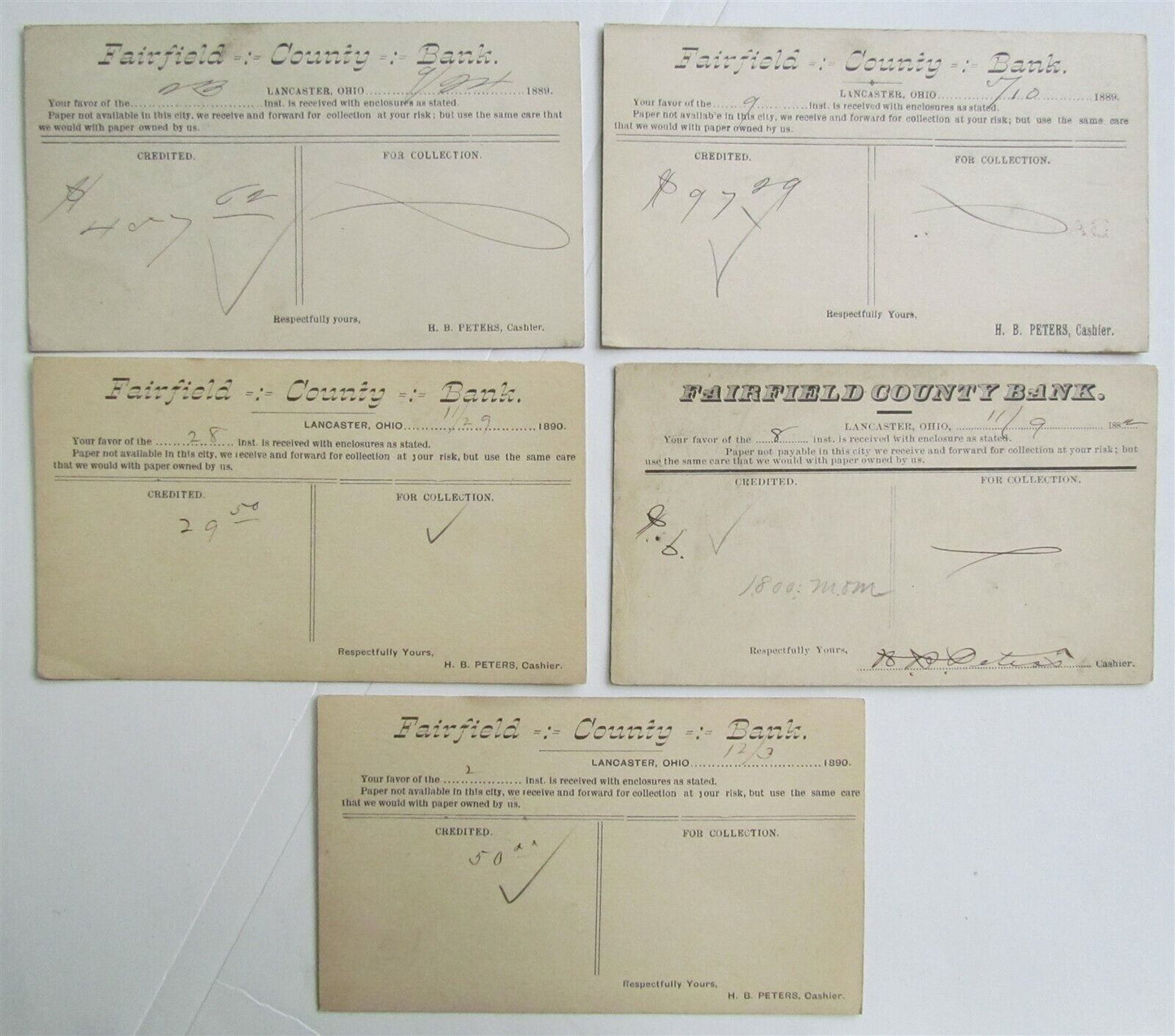 1890s LOT of 5 FAIRFIELD BANK LANCASTER OHIO ANTIQUE STATEMENT CARDS POSTCARDS