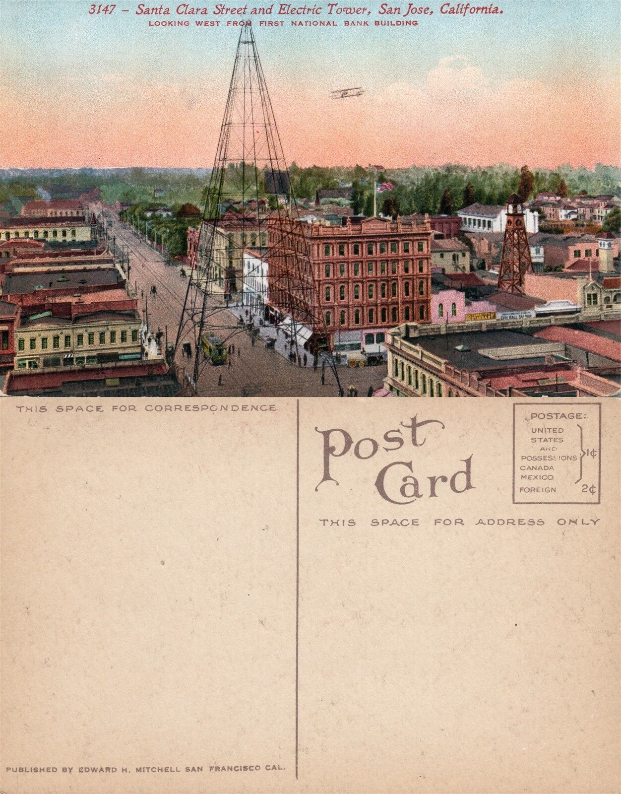 SAN JOSE CA SANTA CLARA STREET & ELECTRIC TOWER ANTIQUE POSTCARD