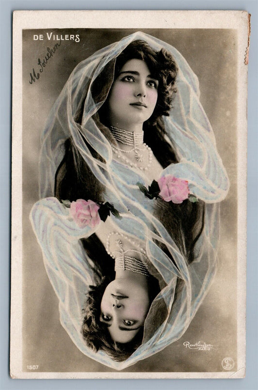 PLAYING CARD DESIGN LADY ANTIQUE REAL PHOTO POSTCARD RPPC FANTASY COLLAGE