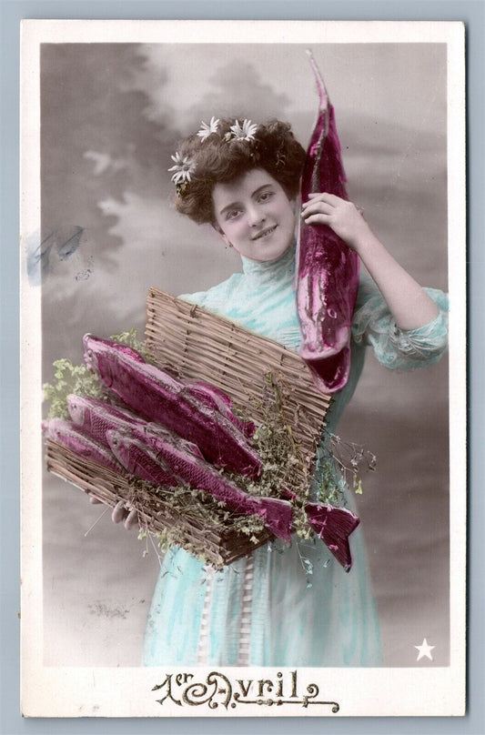 APRIL FOOLS' DAY FRENCH ANTIQUE REAL PHOTO POSTCARD RPPC LADY w/ FISH BOX