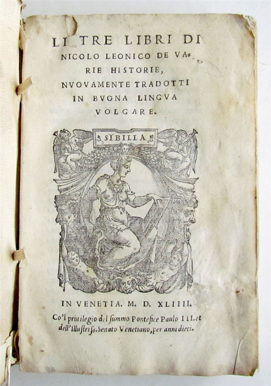 1544 LI TRE LIBRI DE NICOLO LEONICO DE VARIE HISTORIE antique 16th cent. VELLUM