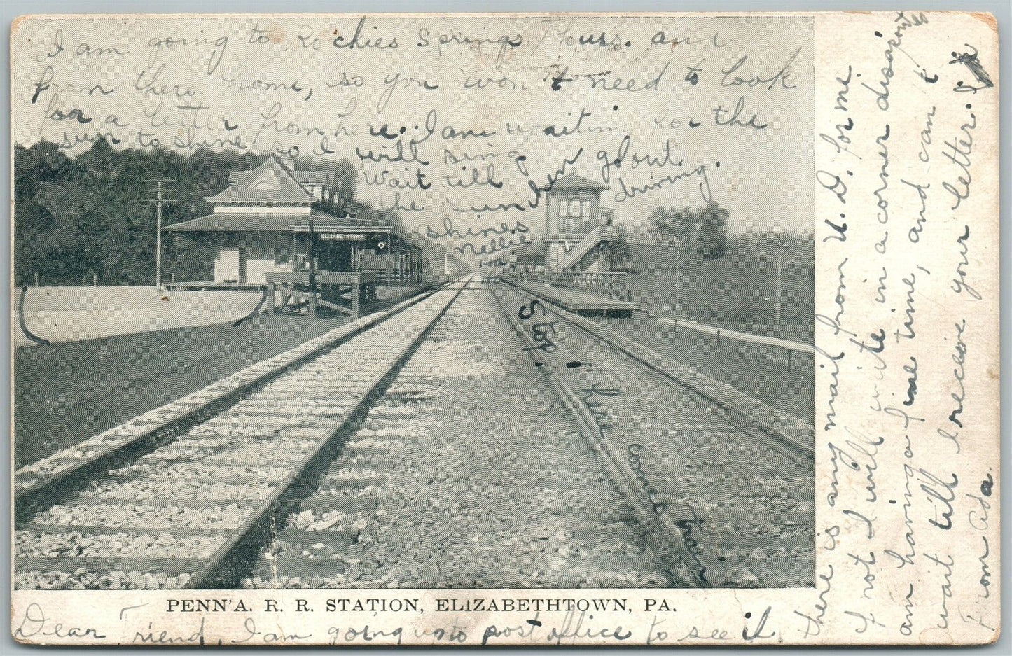 ELIZABETHTOWN PA RAILROAD STATION 1906 ANTIQUE POSTCARD train railway depot