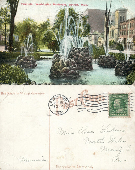 DETROIT MI WASHINGTON BOULEVARD 1910 POSTCARD