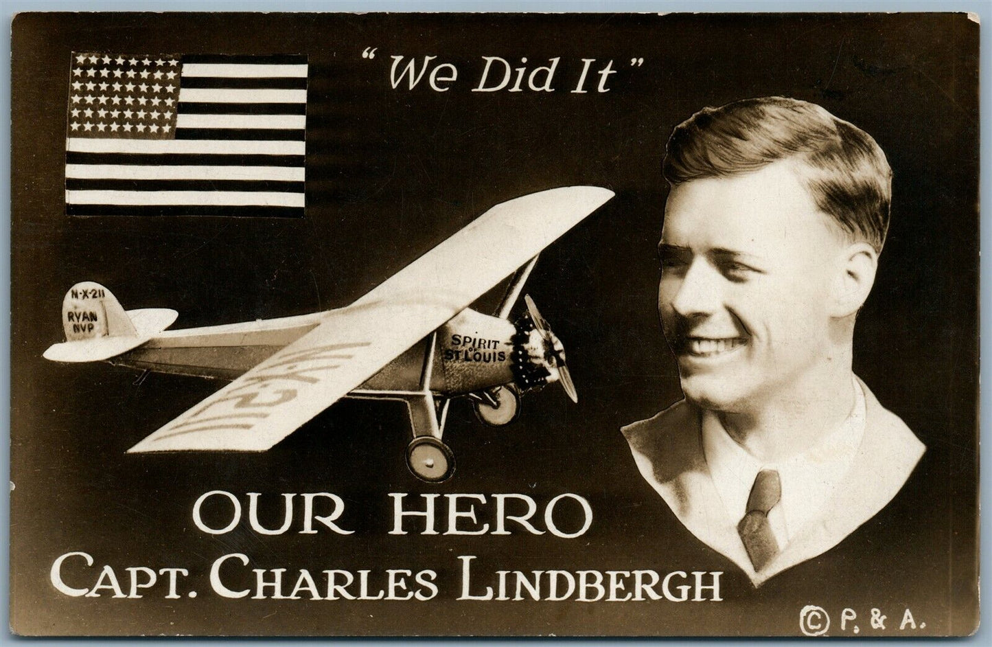 CAPT. CHARLES LINDBERG PHOTOMONTAGE VINTAGE REAL PHOTO POSTCARD RPPC PLANE FLAG