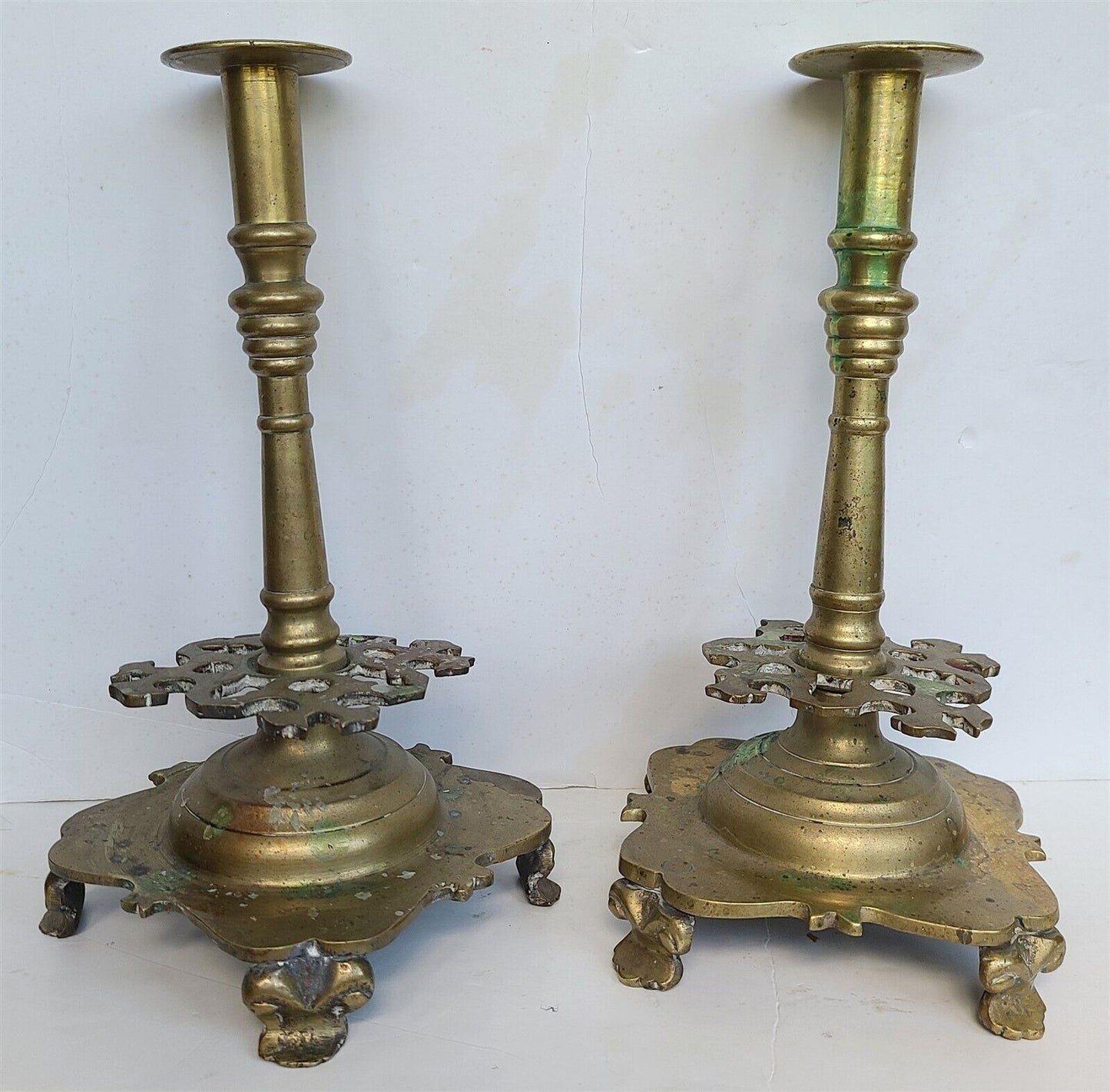 17th century RUSSIAN BRONZE PAIR of CANDLESTICKS antique RARE