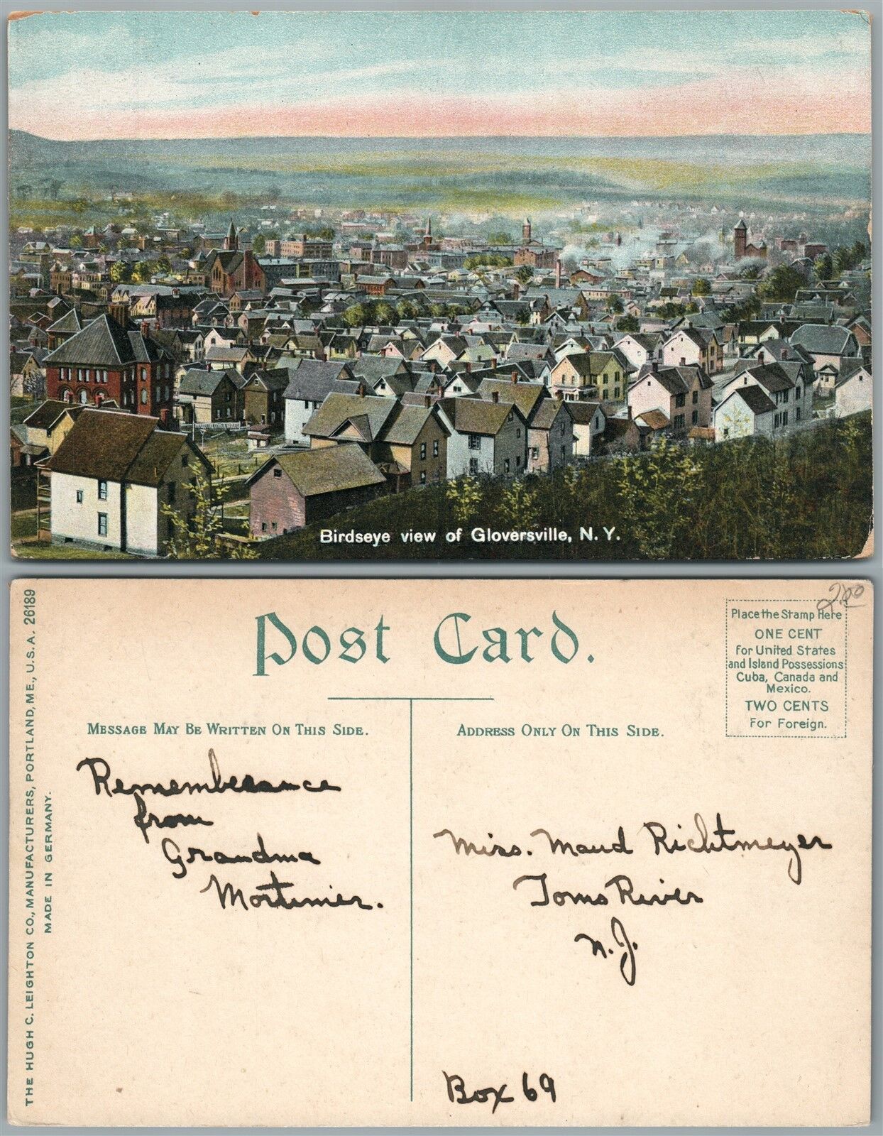 GLOVERSVILLE N.Y. BIRDS EYE VIEW ANTIQUE POSTCARD