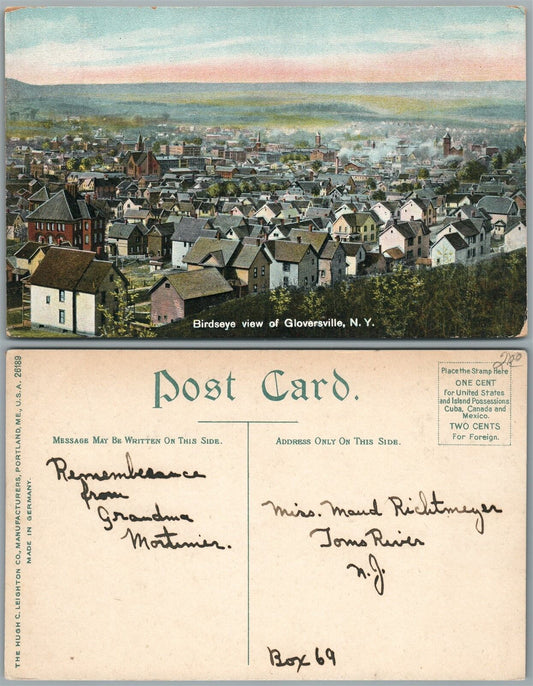 GLOVERSVILLE N.Y. BIRDS EYE VIEW ANTIQUE POSTCARD