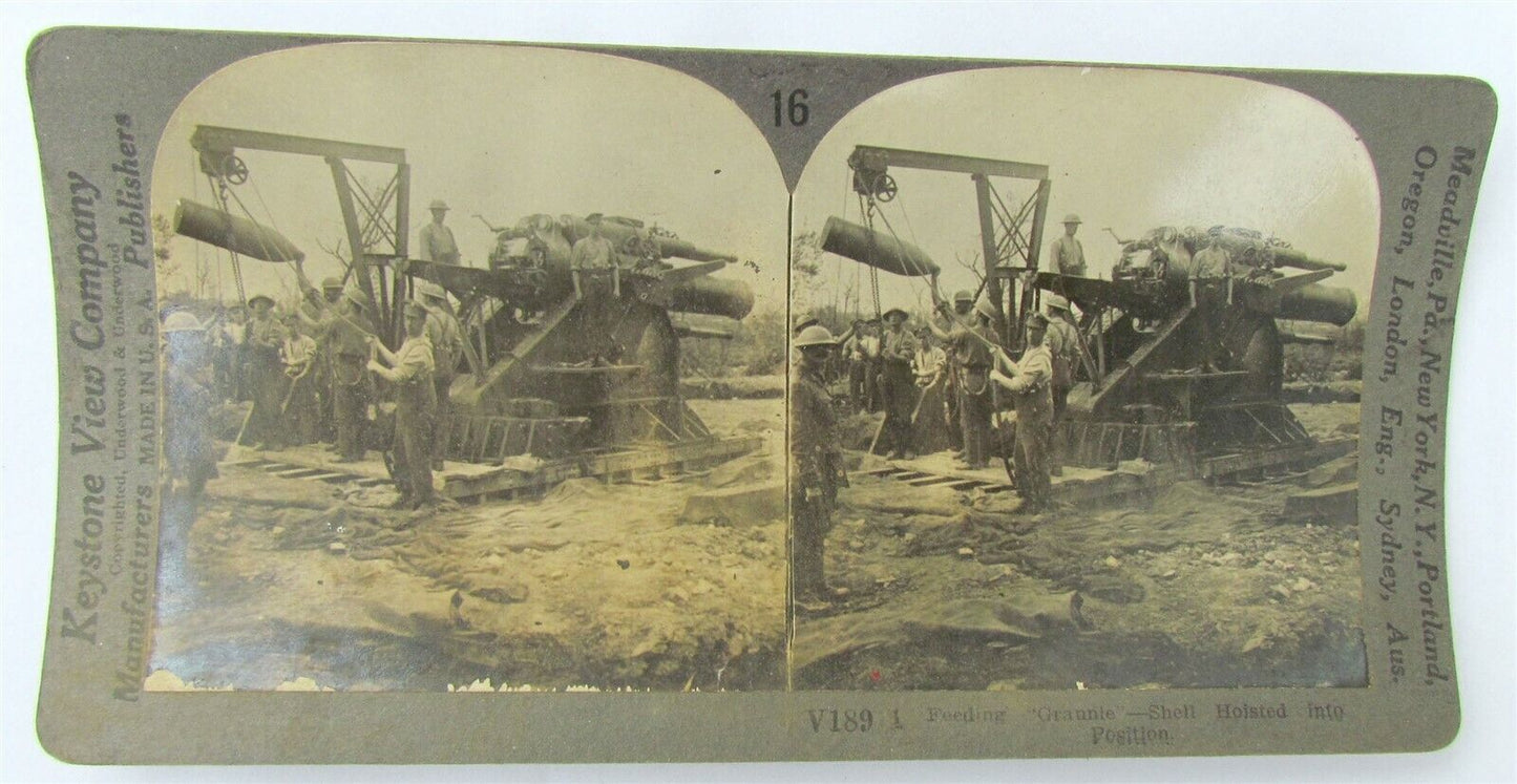 ARTILLERY FEEDING GRANNIE SHELL HOISTED INTO POSITION WWI STEREOVIEW PHOTO
