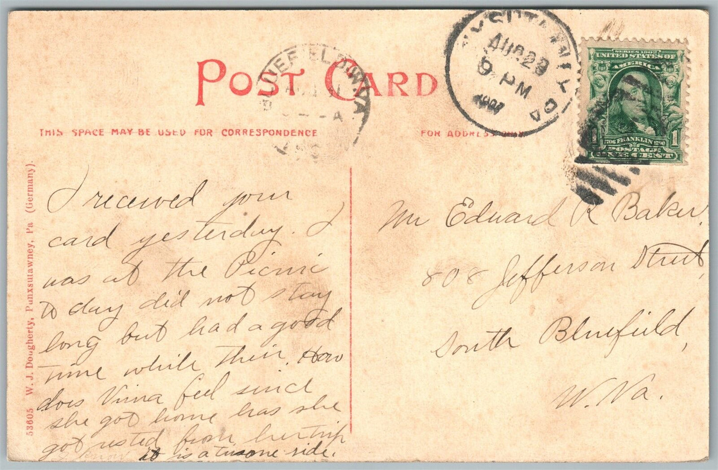 PUNXSUTAWNEY PA W.MAHONING STREET 1907 ANTIQUE POSTCARD w/ CORK CANCEL