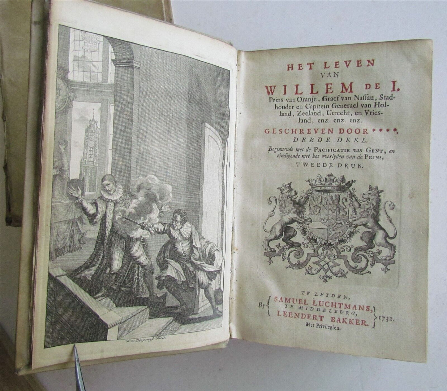 1732 3 VOLUMES HET LEVEN VAN WILLEM DE I in DUTCH VELLUM antique HOUSE of ORANGE