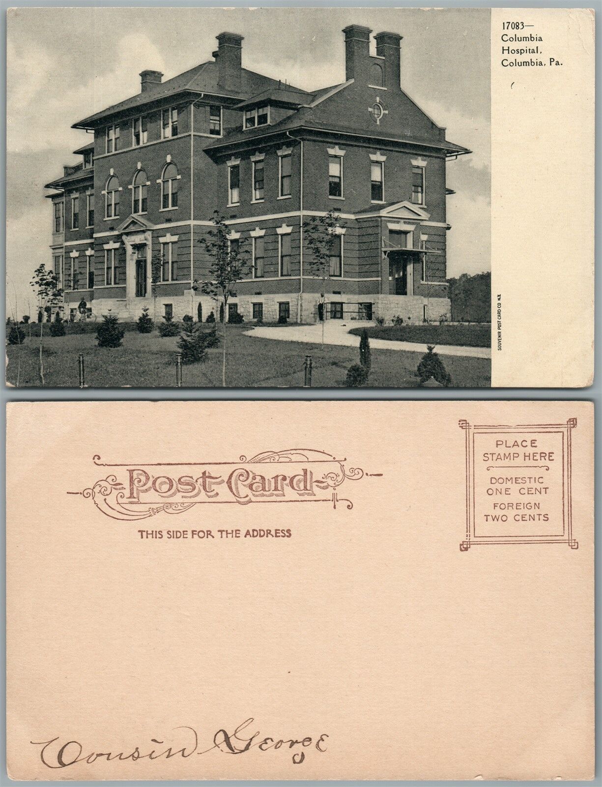 COLUMBIA PA HOSPITAL UNDIVIDED ANTIQUE POSTCARD