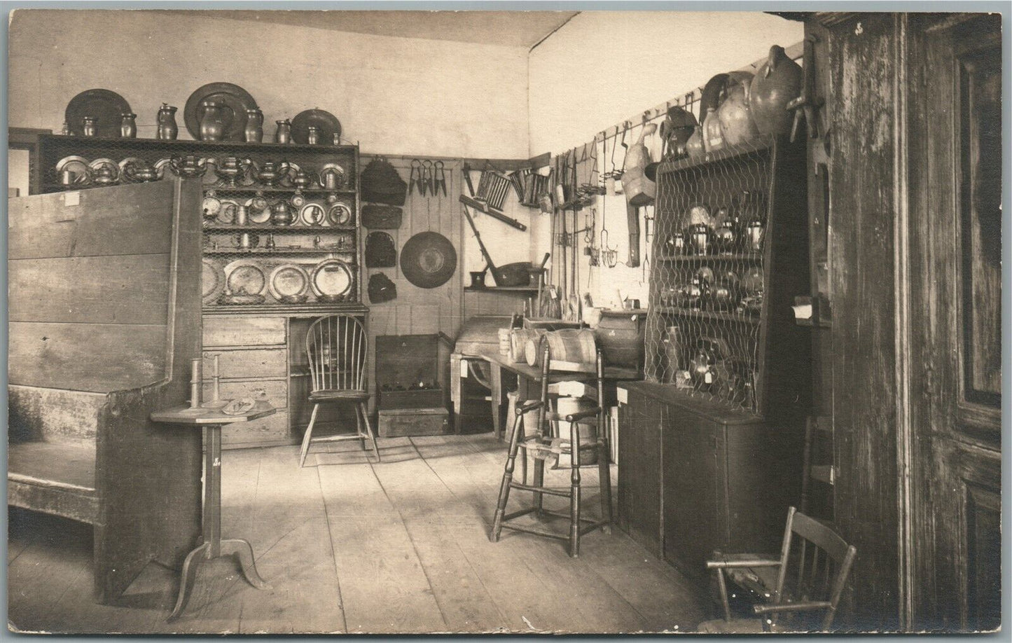 KITCHEN INTERIOR w/ PEWTER TABLEWARE ANTIQUE REAL PHOTO POSTCARD RPPC