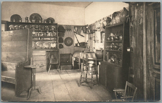 KITCHEN INTERIOR w/ PEWTER TABLEWARE ANTIQUE REAL PHOTO POSTCARD RPPC