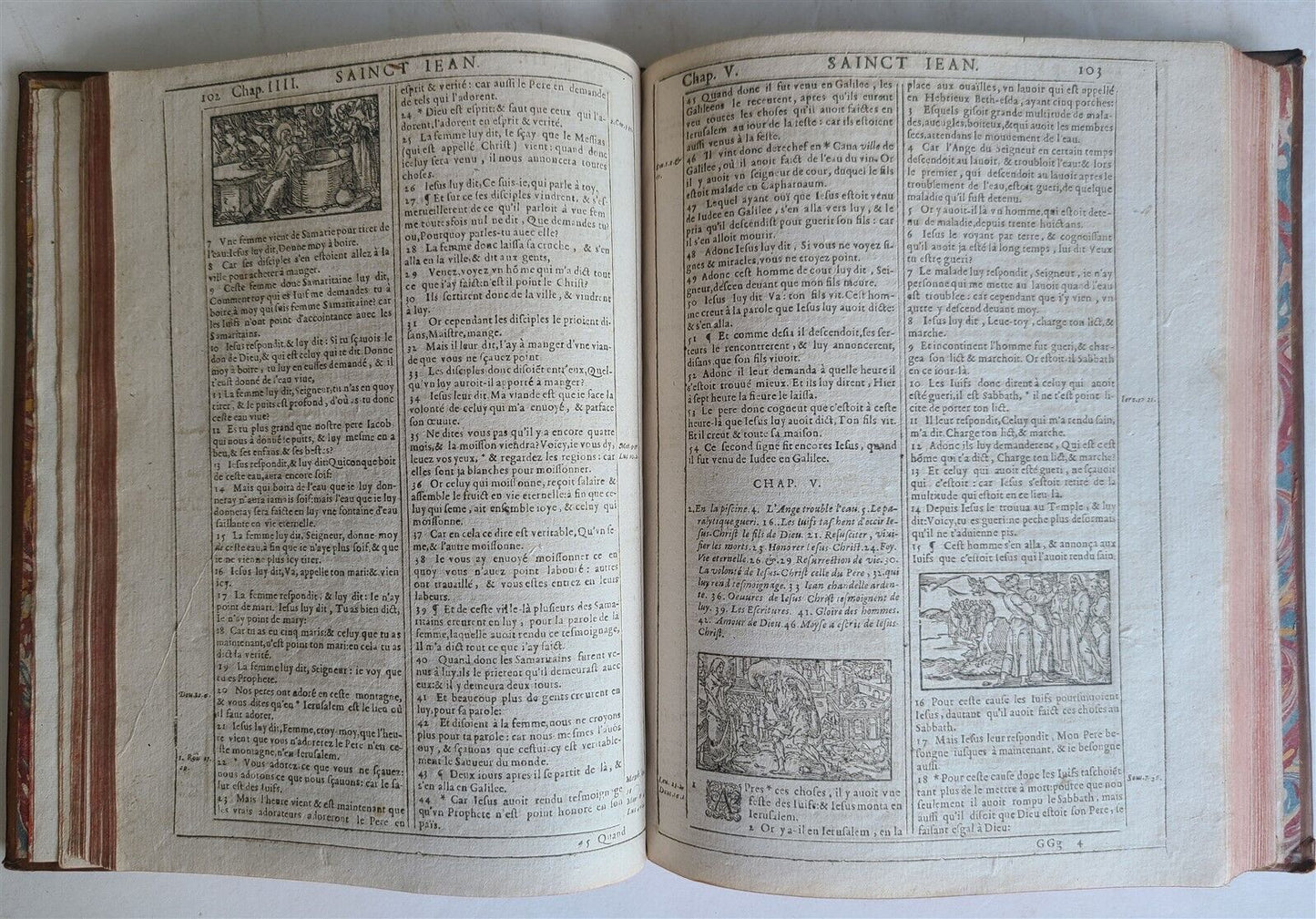 1620 BIBLE in FRENCH ANTIQUE ILLUSTRATED w/ 215 WOODCUTS !