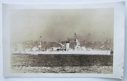 ANTIQUE RPPC REAL PHOTO POSTCARD USS ARKANSAS SHIP DREADNOUGHT BATTLESHIP