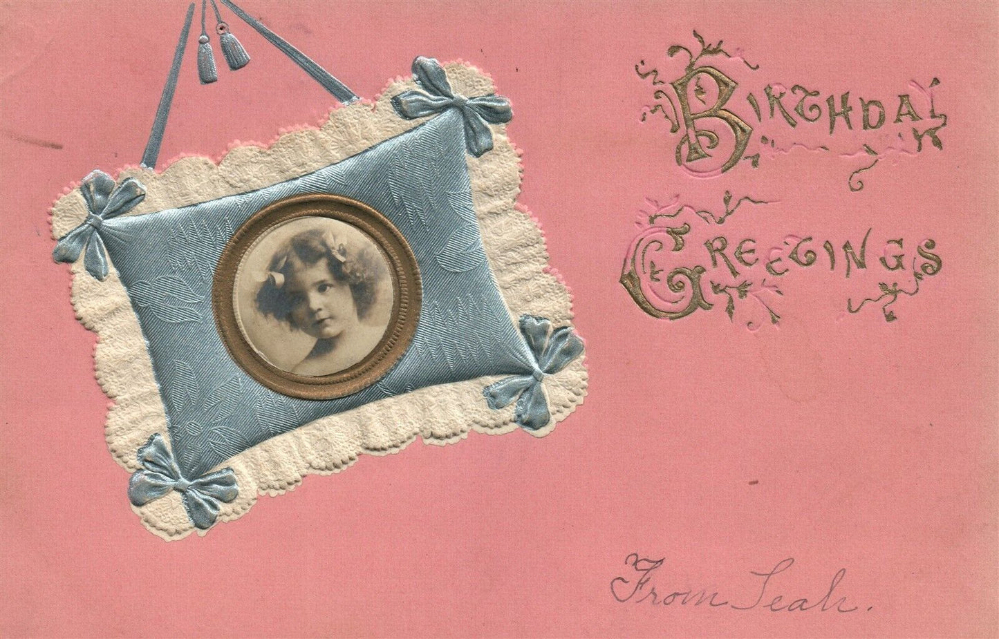 BIRTHDAY GREETINGS 1907 ANTIQUE POSTCARD w/ APPLIQUE PHOTO