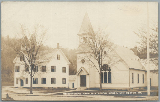 NEW BOSTON NH PRESBYTERIAN CHURCH AND SCHOOL ANTIQUE REAL PHOTO POSTCARD RPPC