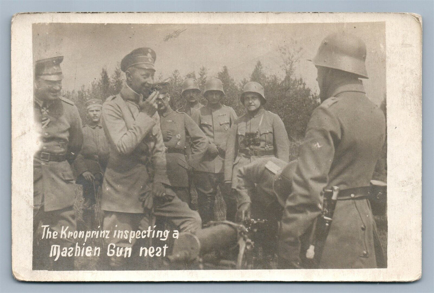 GERMAN KRONPRINZ INSPECTING MASHINE GUN NEST ANTIQUE REAL PHOTO POSTCARD RPPC