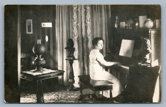 PIANO PLAYER in HOME INTERIOR ANTIQUE REAL PHOTO POSTCARD RPPC