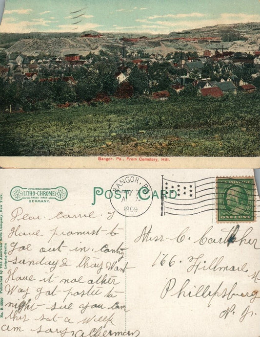 BANGOR PA FROM CEMETERY HILL 1909 ANTIQUE POSTCARD