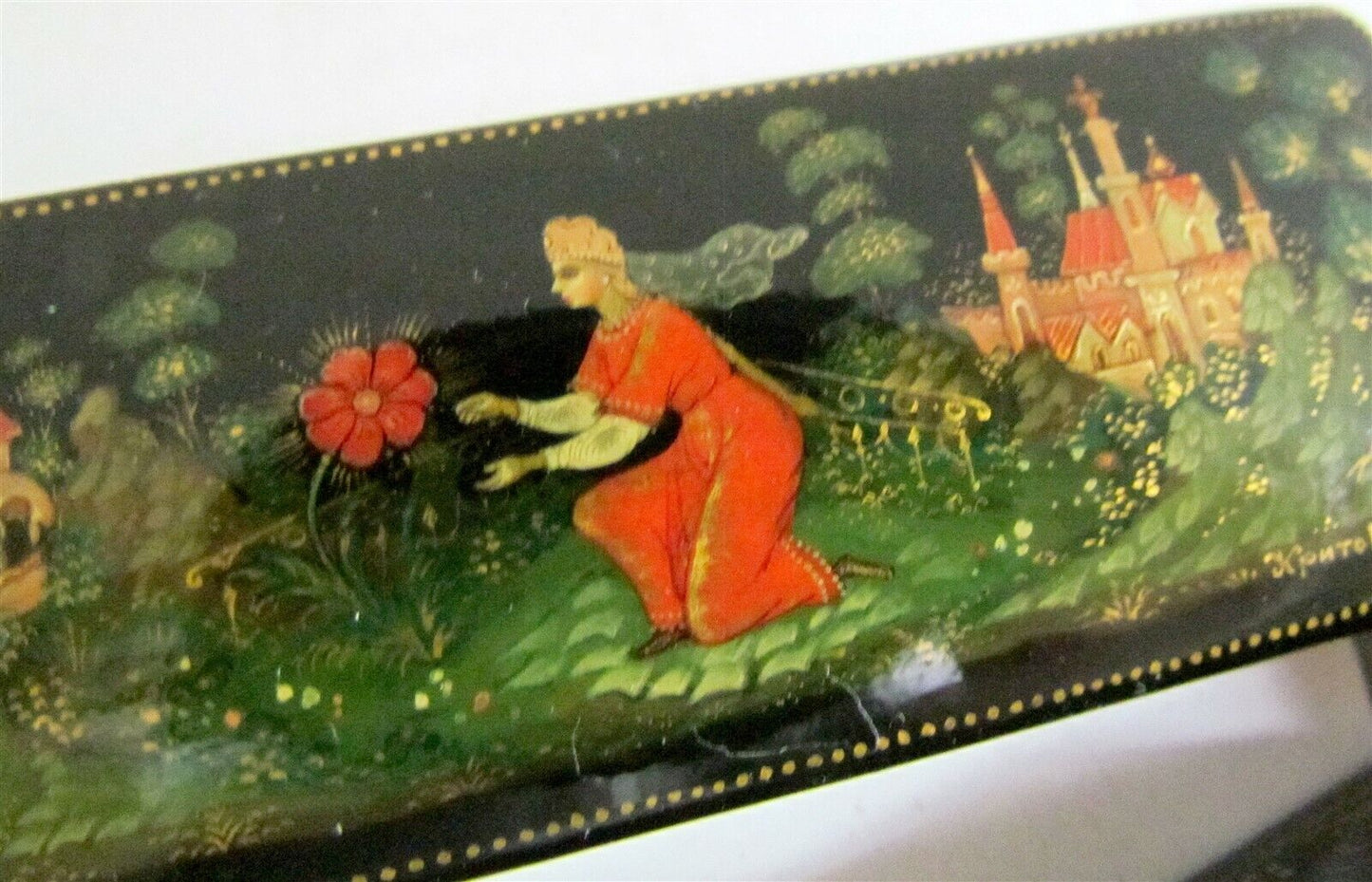 RUSSIAN PALEKH LACQUER BOX SCARLET FLOWER handpainted SIGNED vintage paper mache