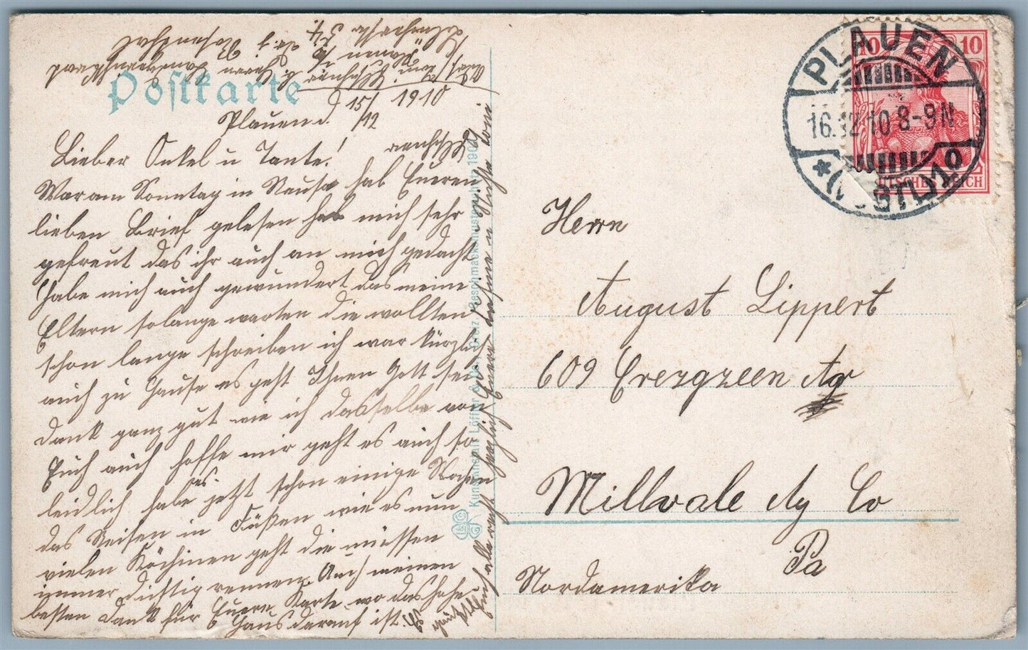 PLAUEN i.V. BLUCHERSTRASSE GERMANY 1910 ANTIQUE POSTCARD w/ STAMP