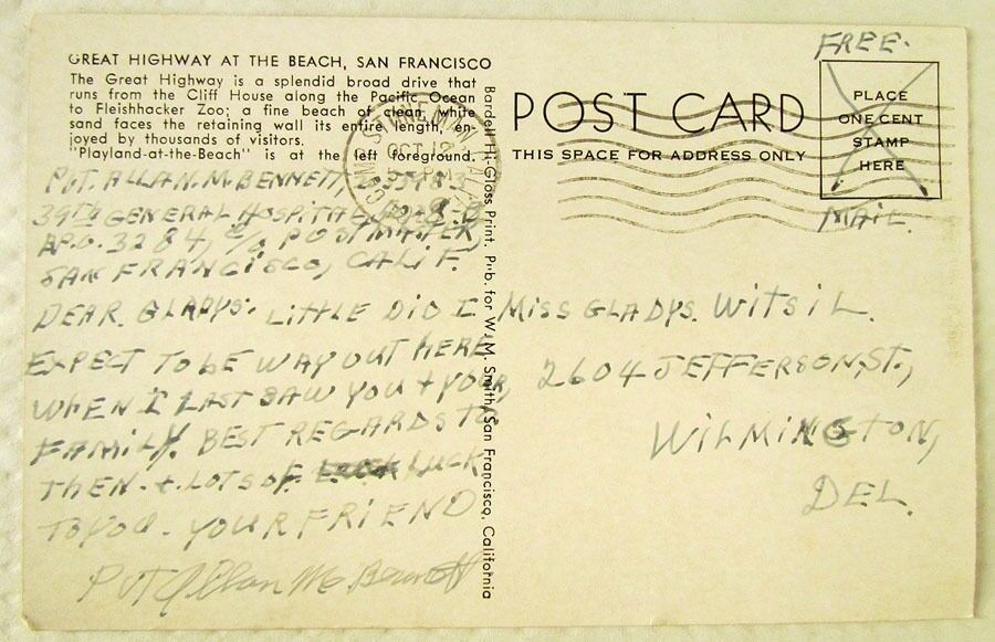 GREAT HIGHWAY AT THE BEACH SAN FRANCISCO CALIFORNIA VINTAGE POSTCARD