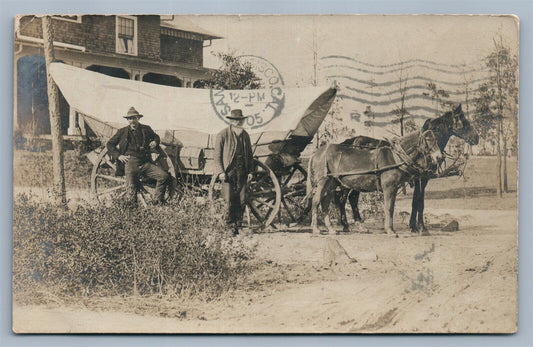 PINEHURST NC SCENE w/ COVERED HORSE WAGON ANTIQUE REAL PHOTO POSTCARD RPPC