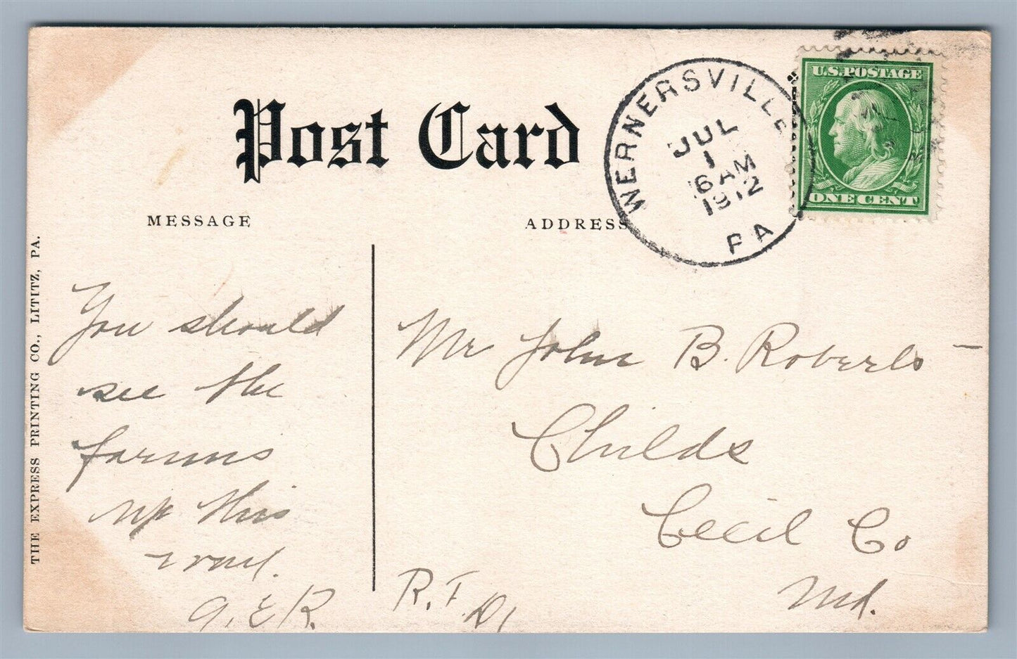 WERNERSVILLE PA SANATORIUM 1912 ANTIQUE POSTCARD