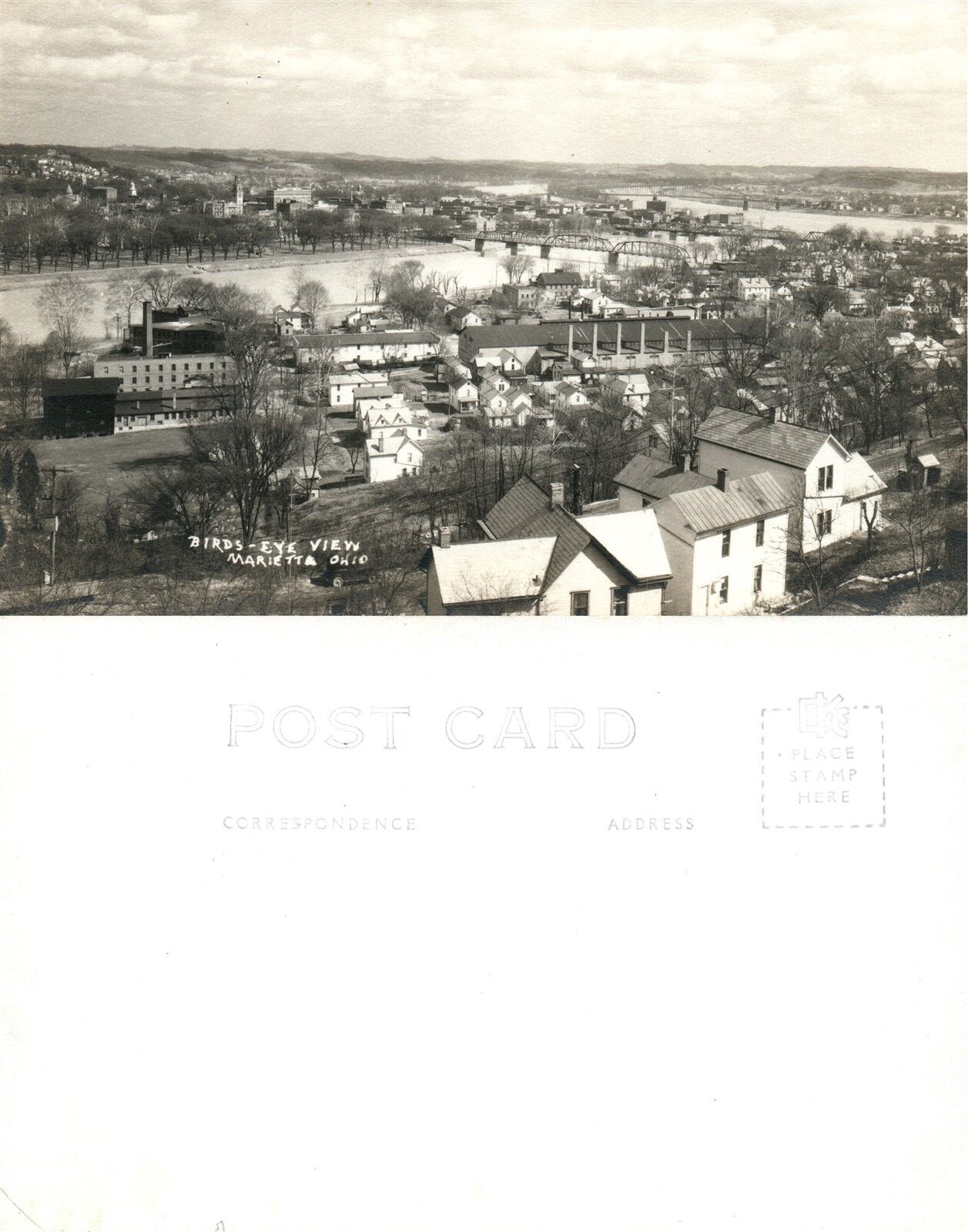 MARIETTA OH BIRD'S EYE VIEW ANTIQUE RPPC REAL PHOTO POSTCARD