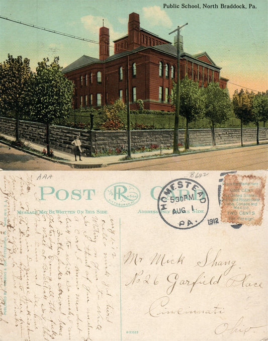 NORTH BRADDOCK PA PUBLIC SCHOOL 1912 VINTAGE POSTCARD w/ CORK CANCEL