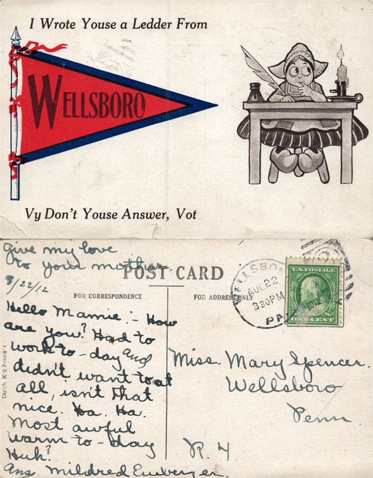 WELLSBORO PA 1912 ANTIQUE POSTCARD w/ CORK CANCEL