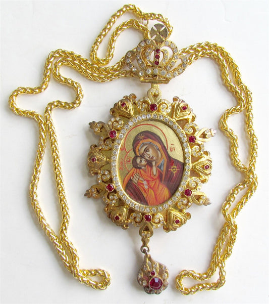 GREEK RUSSIAN ORTHODOX CHURCH BISHOP PRIEST VINTAGE PANAGIA w/ CHAIN